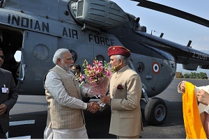 The Governor of Arunachal Pradesh, Lt. Gen (Retd) Nirbhay Sharma receiving the Prime Minister of India, Shri Narendra Modi on his arrival at Raj Bhawan helipad, Itanagar, Arunachal Pradesh on February 20, 2015.